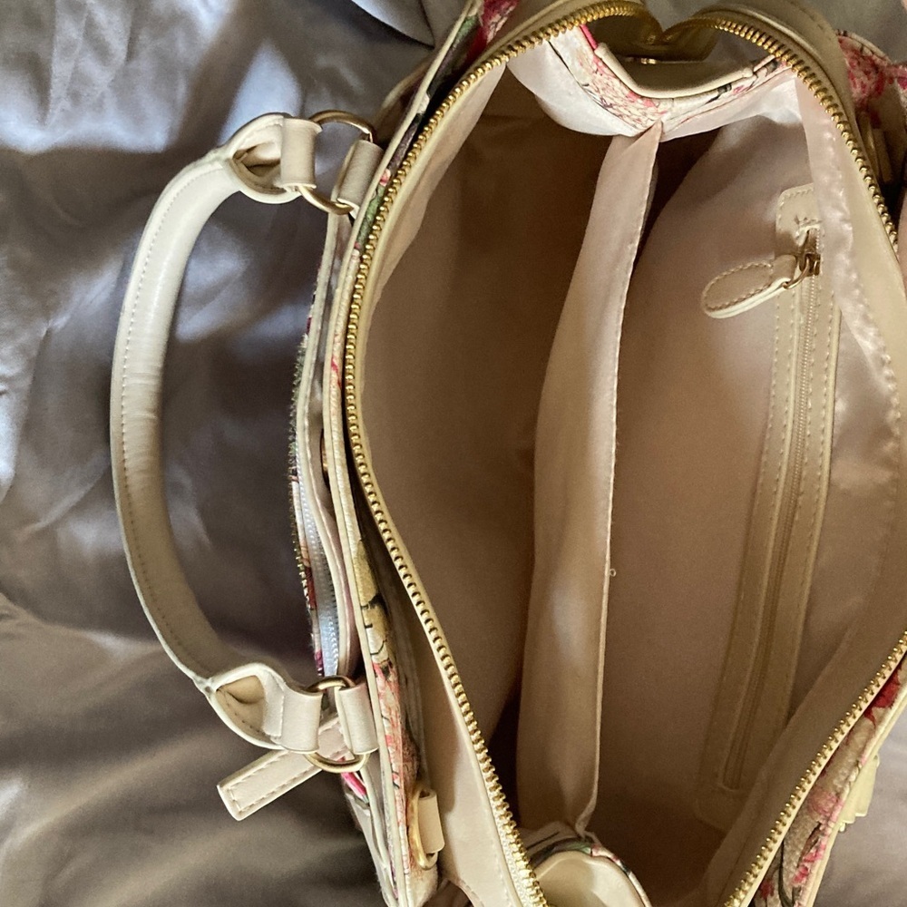 Floral Satchel with Cream Handles Vegan with Long Strap - Picture 3 of 4